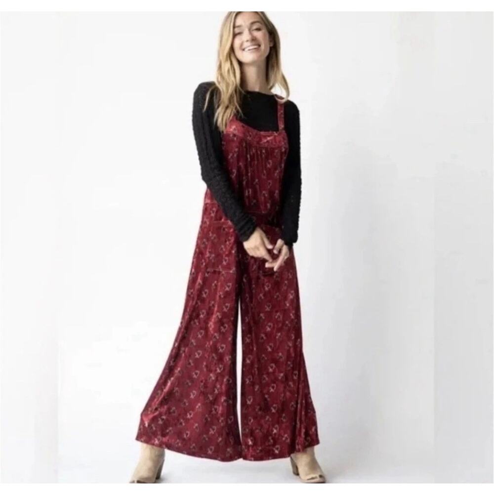 Natural Life boho Wide Leg Floral Velvet Dakota Tie Overall XL Burgundy Hippie - Picture 10 of 10